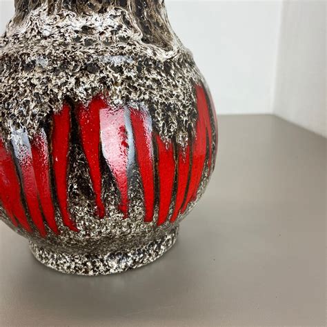 Vintage Zig Zag Lora Pottery Fat Lava Vase By Scheurich Germany 1970s