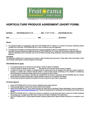 Fillable Online Fruitorama Horticulture Produce Agreement Short Form