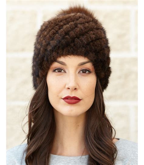 Ciara Knit Mink Beanie Hat With Fox Pom Pom In Brown Furhatworld