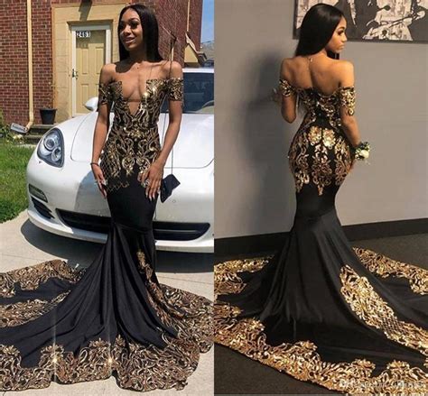 Sexy Black Mermaid Prom Dresses With Gold Sequins Appliques Arabic Off