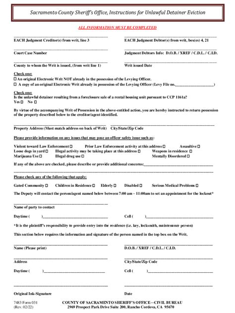 Sacramento County Sheriff S Office Instructions For Unlawful Detainer Fill Out And Sign