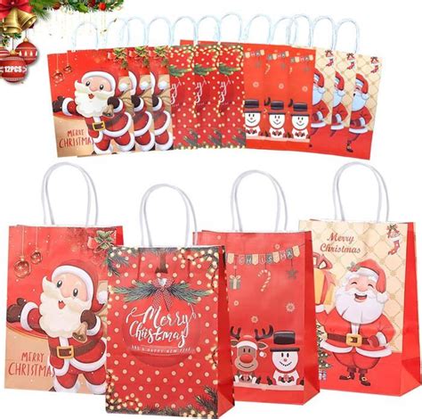 Sacs Cadeaux de Noël 12 Pcs Sac Papier Kraft avec Poignée Noel Pochette