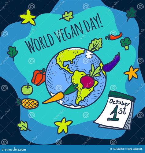 World Vegan Day Concept Background Hand Drawn Style Stock Vector