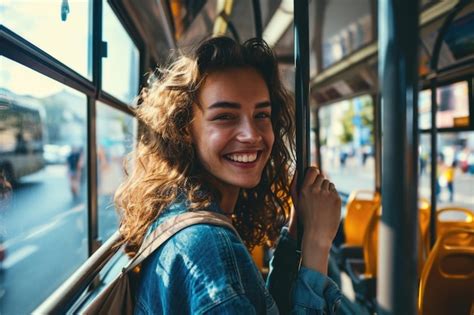 Premium Photo Young Smiling Woman Holding Onto A Handle While