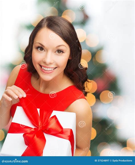 Smiling Woman In Red Dress With T Box Stock Image Image Of Lights