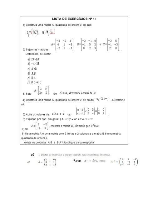 Lista De ExercÍcios Matrizes Pdf Objetos Matemáticos Álgebra Linear