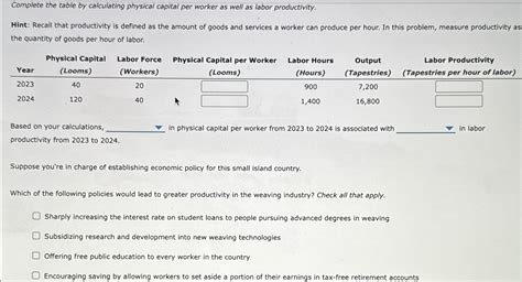 Solved Complete The Table By Calculating Physical Capital Chegg