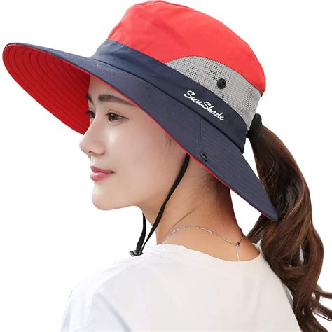 Women's Ponytail Sun Hat UV Protection Foldable Mesh Wide Brim Beach ...