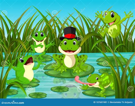 Many Frogs On Leaf With River Scene Stock Vector Illustration Of