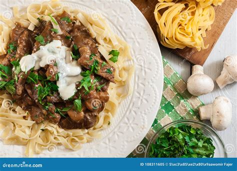 Homemade Beef Stroganoff with Mushrooms Stock Image - Image of gravy ...