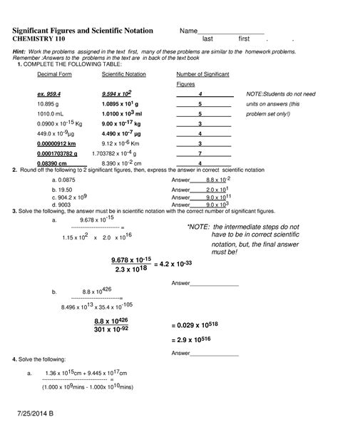 110 Ws Significant Figures And Scientific Notation Key 7252014 B Significant Figures And