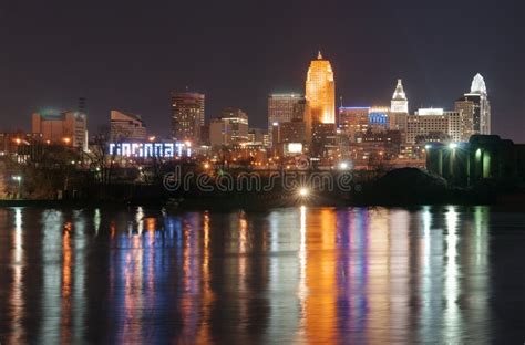 Dark Night Ohio River Cincinnati Downtown City Skyline Stock Photo