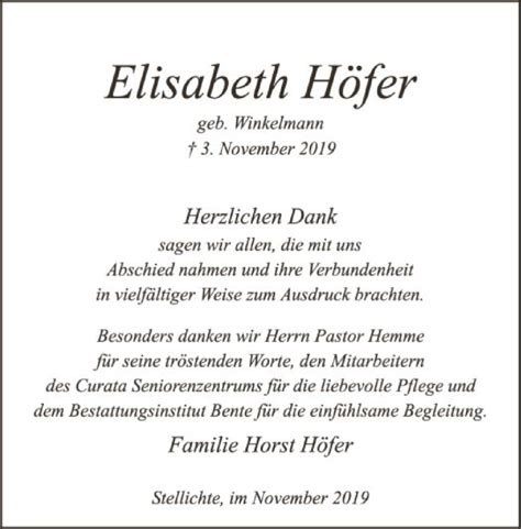 Traueranzeigen von Elisabeth Höfer trauer kreiszeitung de