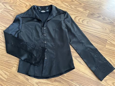 Harley Davidson Black Satin Flame Embroidered Long Sl Gem