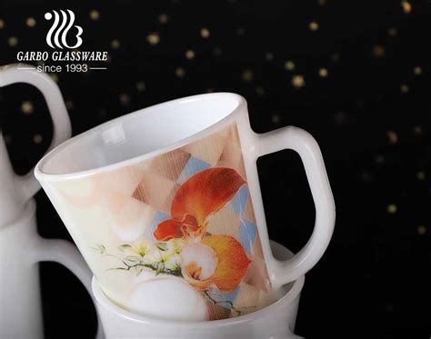 14 Oz Opal Glass Coffee Mugs With Decal Flower Designs Factory In China