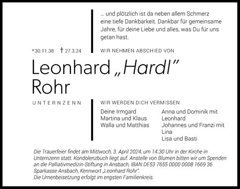 Traueranzeigen Von Leonhard Rohr Trauer Flz De