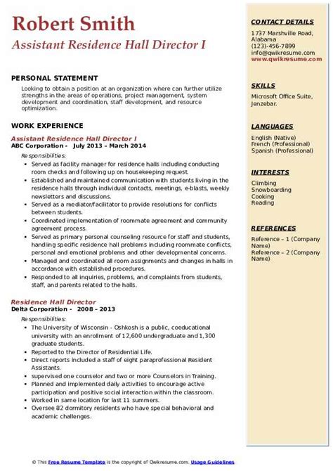 Residence Hall Director Resume Samples Qwikresume