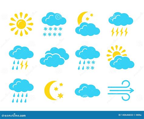 Weather Forecast Symbol Collection Flat Icon Set For Sunny Rainy