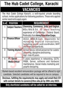 The Hub Cadet College Karachi Jobs Job Advertisement Pakistan