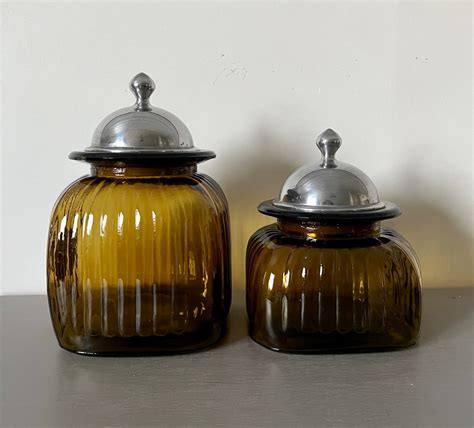 Vintage Artland Canisters Amber Glass Canister Set Ribbed Etsy