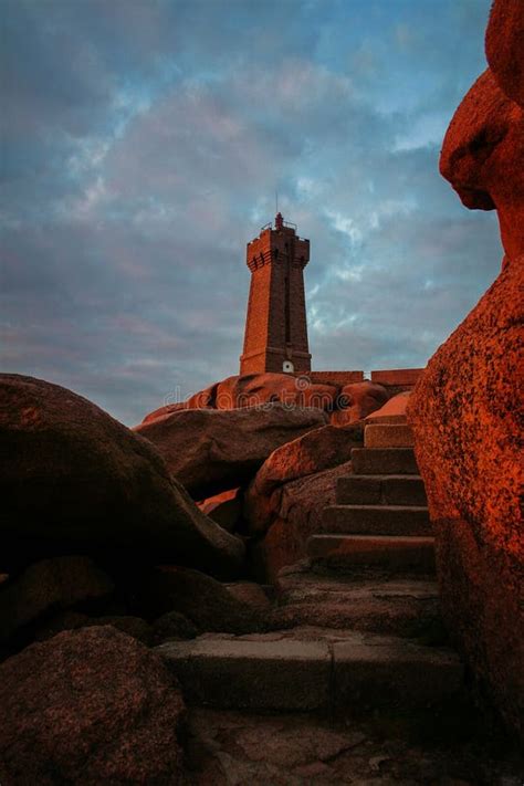 Lighthouse at Ploumanac H at Sunset Stock Photo - Image of sundown ...