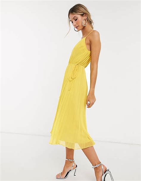 Asos Design Pleated Cami Midi Dress With Drawstring Waist In Yellow Asos