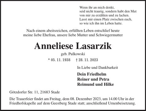 Anneliese Lasarzik Traueranzeige Stader Tageblatt