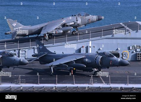 Harrier Jets On The British Aircraft Carrier Hms Illustrious In The