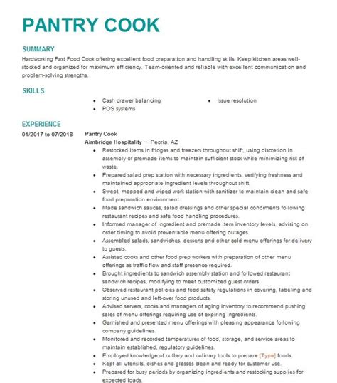 Pantry Cook Resume Example