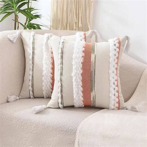 Tosleo Boho Pillow Covers 18x18 Inch Set Of 2 With Beige Tassel Orange Striped