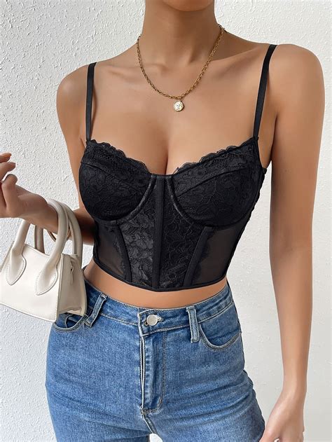 SHEIN SXY Contrast Lace Bustier Crop Cami Top SHEIN EUR