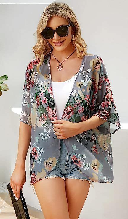 Women S Floral Print Puff Sleeve Kimono Cardigan Loose Cover Up Casual