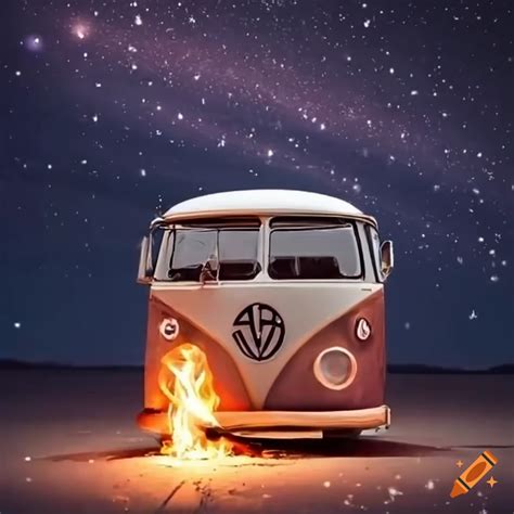 Vw Bus In Front Of Bonfire Under Starry Sky