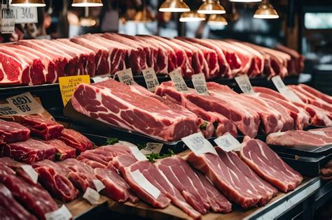 Premium Photo | Variety of raw meat cuts displayed in a butcher shop