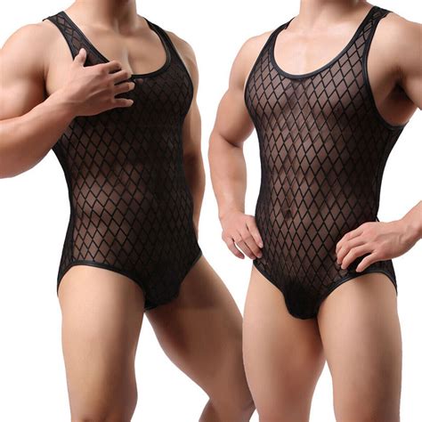 Mens Bodysuit Mesh Sheer Leotard Jumpsuit Wrestling Singlet Lingerie