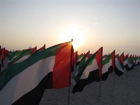 Premium Photo United Arab Emirates Flags On Sand Against Sky