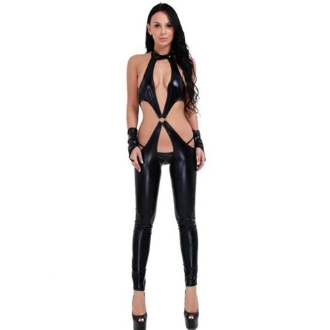 Femme Body Cuir Sexy String Lingerie Combinaison Catsuit Collant Ouvert