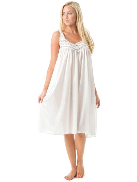 Womens Lightweight Satin Sleeveless Lace Nightgown White