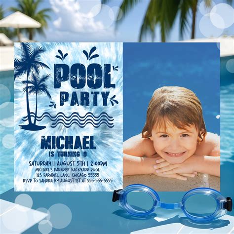 Tropical Pool Party Photo Invitation Template Boys Tie Dye Birthday