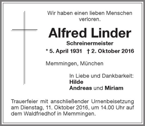 Traueranzeigen Von Alfred Linder Augsburger Allgemeine Zeitung