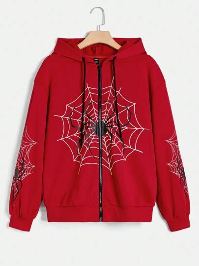 Shein Ezwear Halloween Spider Web Print Zip Up Drop Shoulder Drawstring