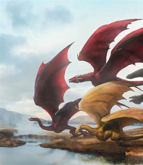 Two Large Red Dragon Flying Over A Body Of Water