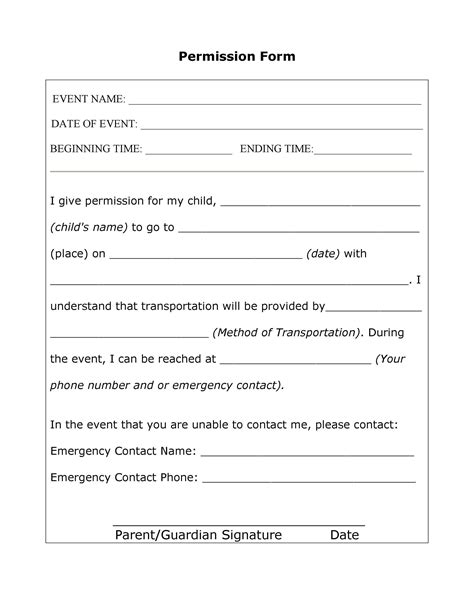 Permission Slip Template For Travel