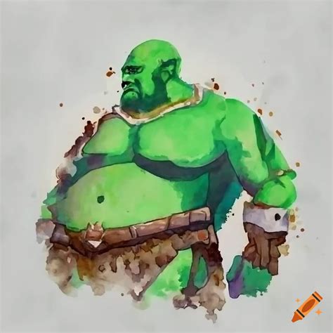 Fat Bald Green Skinned Orc Warrior With A Huge Belly And A Full Beard Wearing Fur Armor And