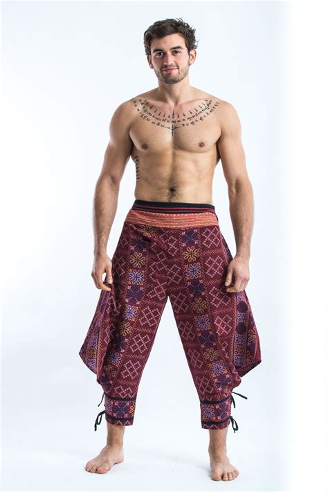 Thai Hill Tribe Fabric Men Harem Pants With Ankle Straps In Burgundy