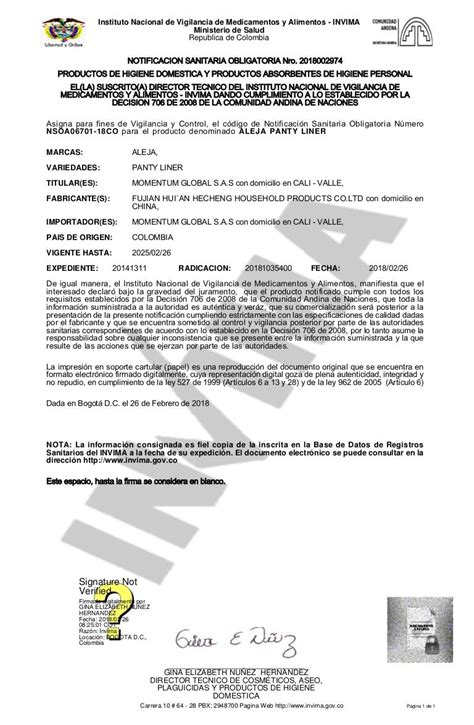 Certificacion Invima Protectores Diarios