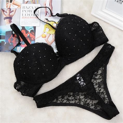 Sexy Women Black Noir White Lace Drill Bra Set Women Push Up Underwear