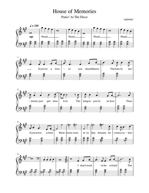 House Of Memories Panic At The Disco Sheet Music For Piano Solo