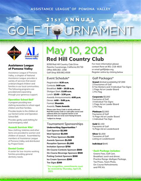 2021 Golf Tournament Invitation – Assistance League of Pomona Valley