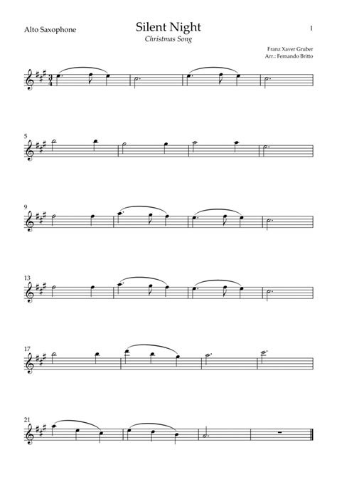 Silent Night Christmas Song For Alto Saxophone Solo C Major Arr